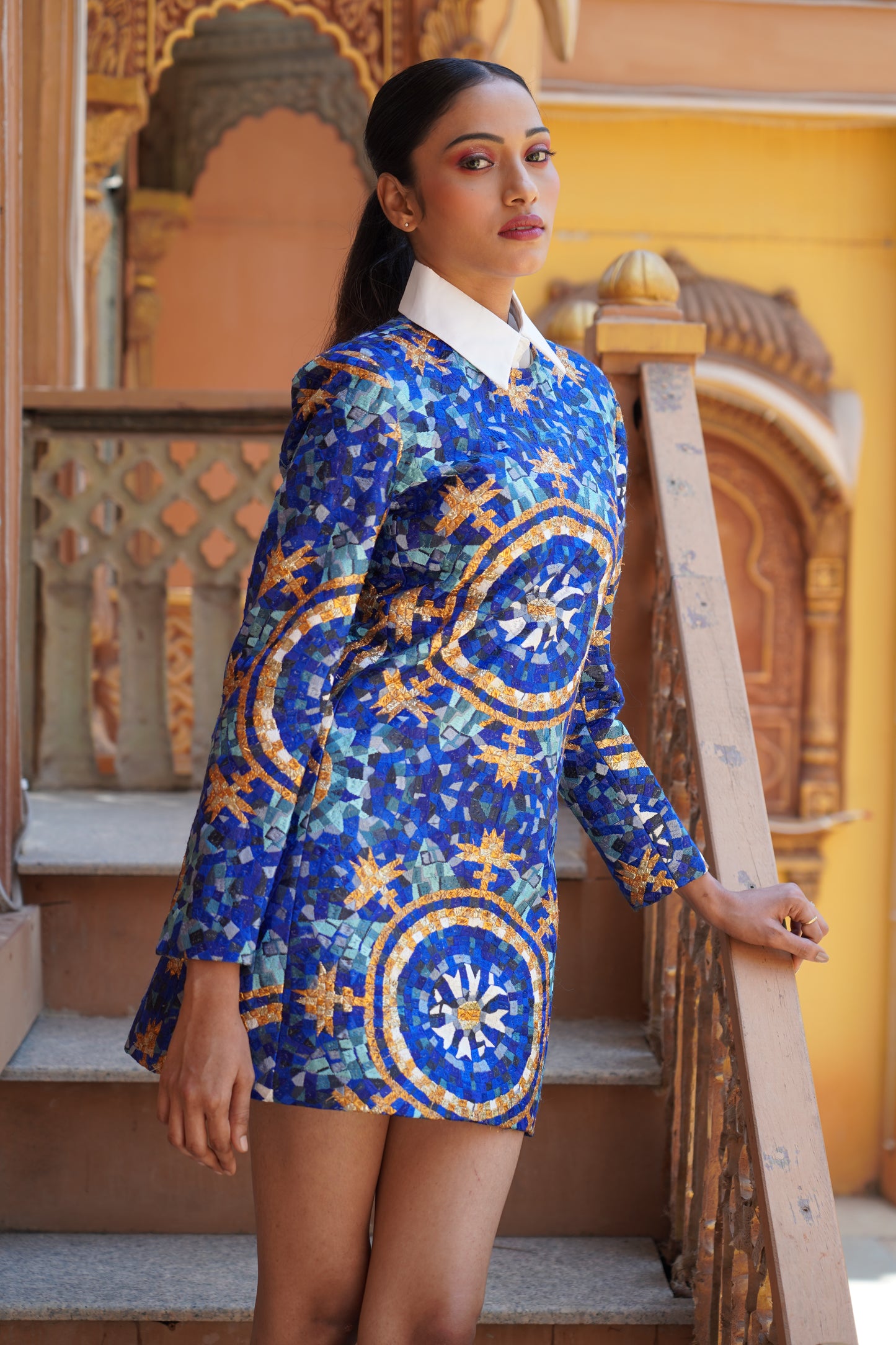 Cobalt Silk Linen Embroidered Dress