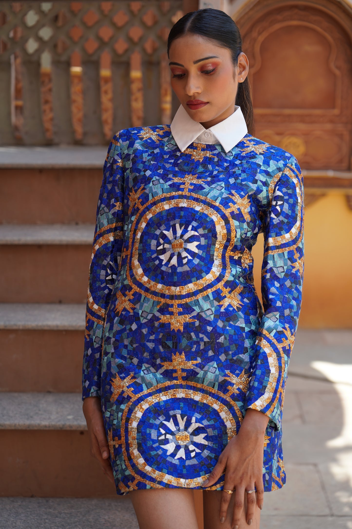 Cobalt Silk Linen Embroidered Dress
