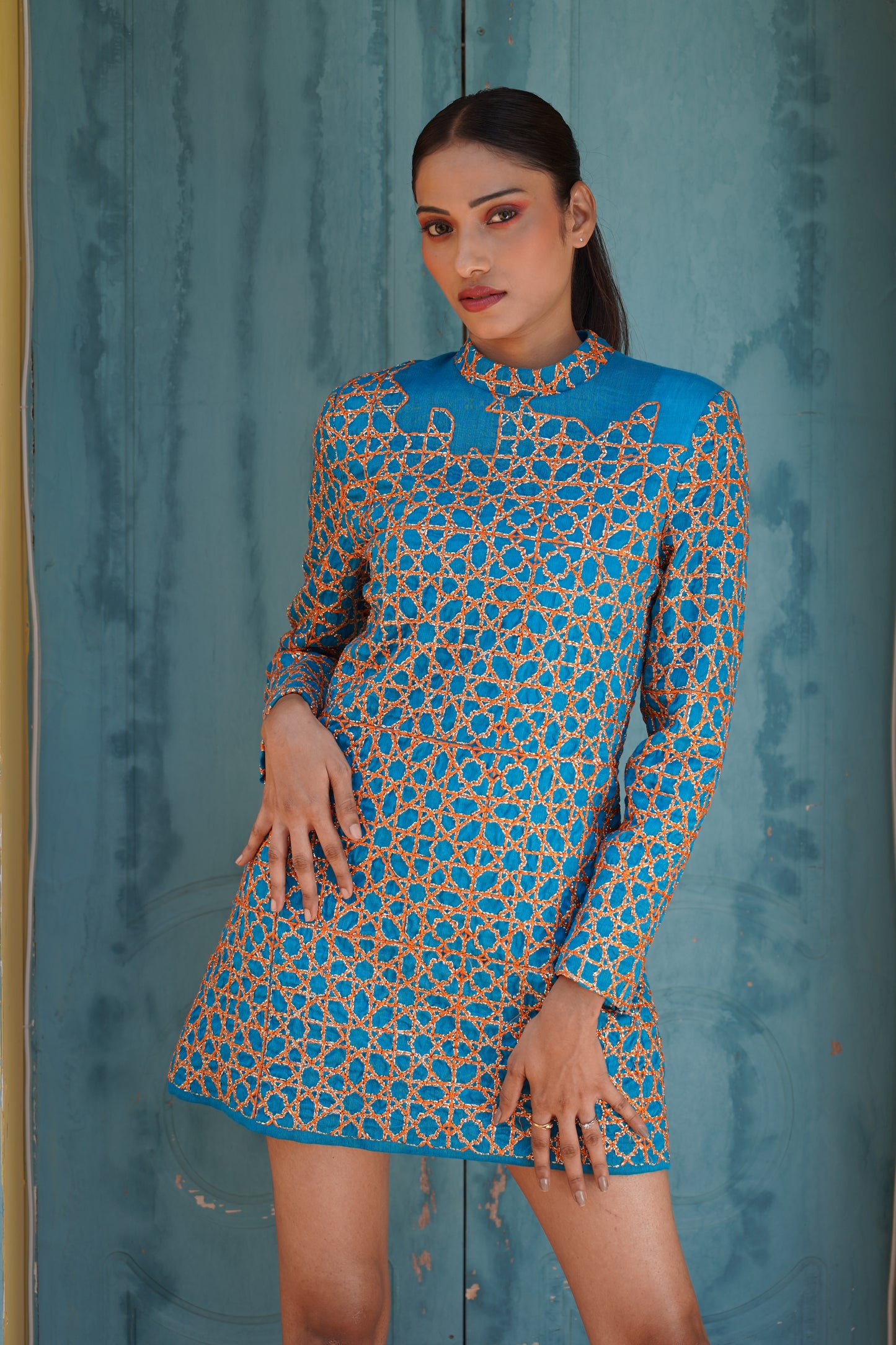 Inaya Lustrous Silk Linen Embroidered Dress