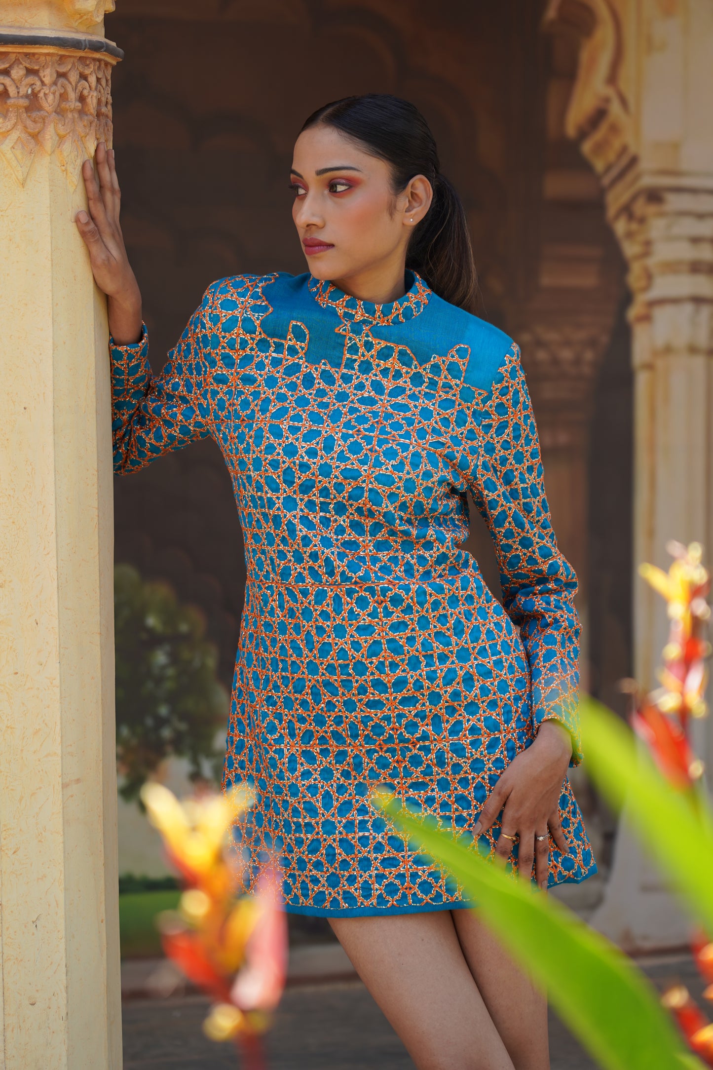 Inaya Lustrous Silk Linen Embroidered Dress