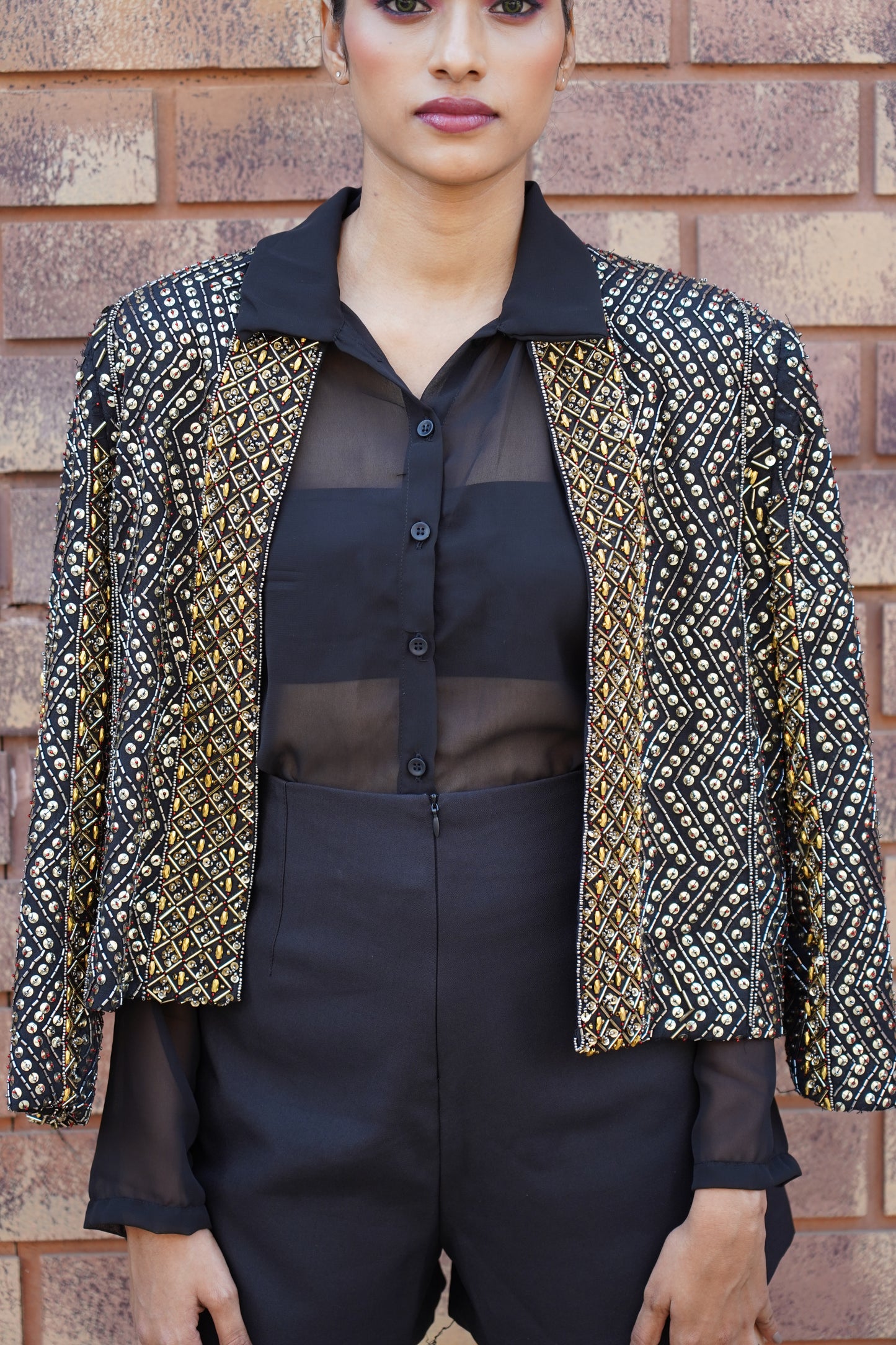 Handcrafted Black Jacket With Gold Sequins