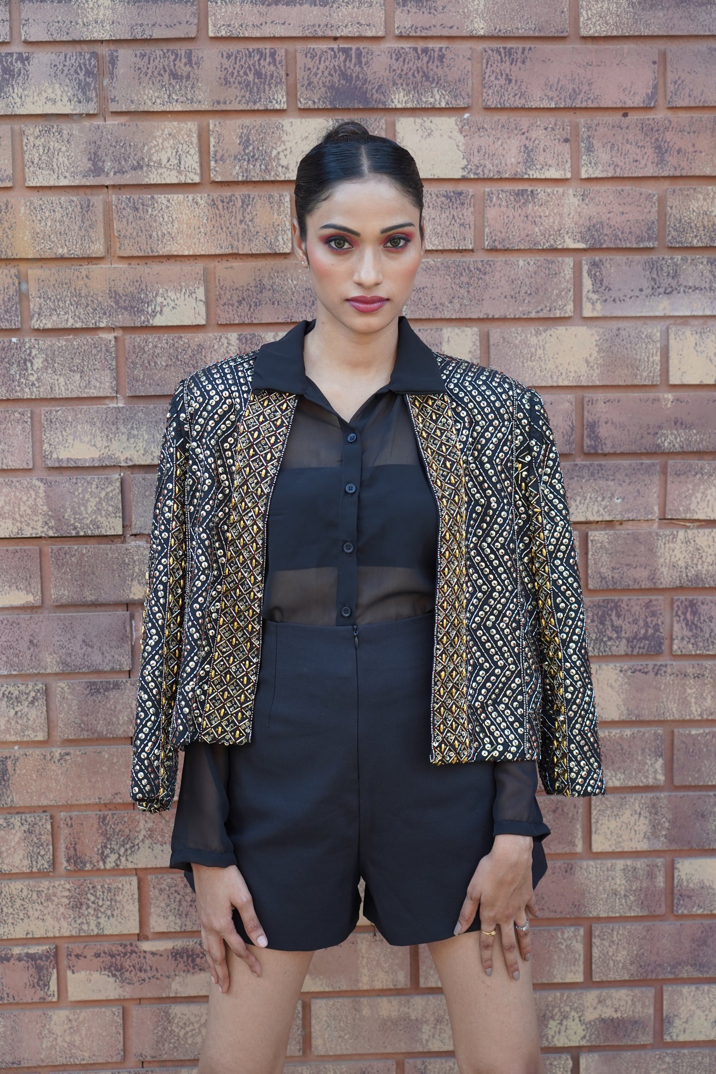 Handcrafted Black Jacket With Gold Sequins