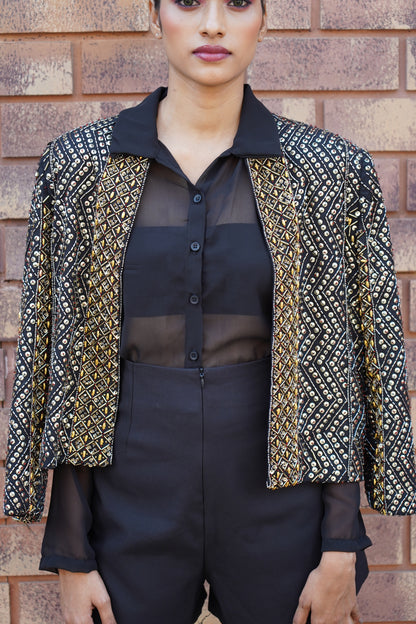 Handcrafted Black Jacket With Gold Sequins